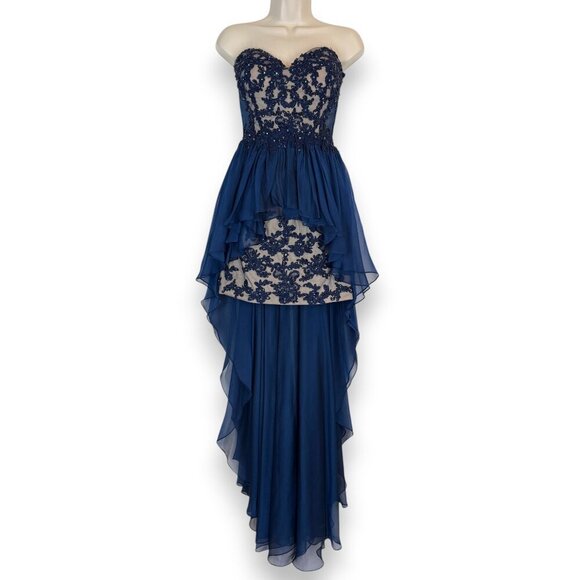 La Femme Formal Gown Cocktail Dress Blue Lace Hi Low Mesh Y2K Back Strapless 6 - Picture 3 of 15